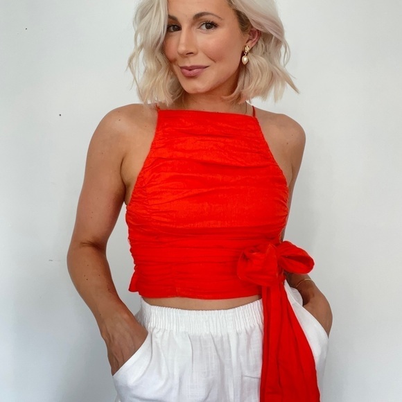 💫 Free People Linen Ruched High Neck Large Bow Tie Wrap Top - Picture 1 of 8